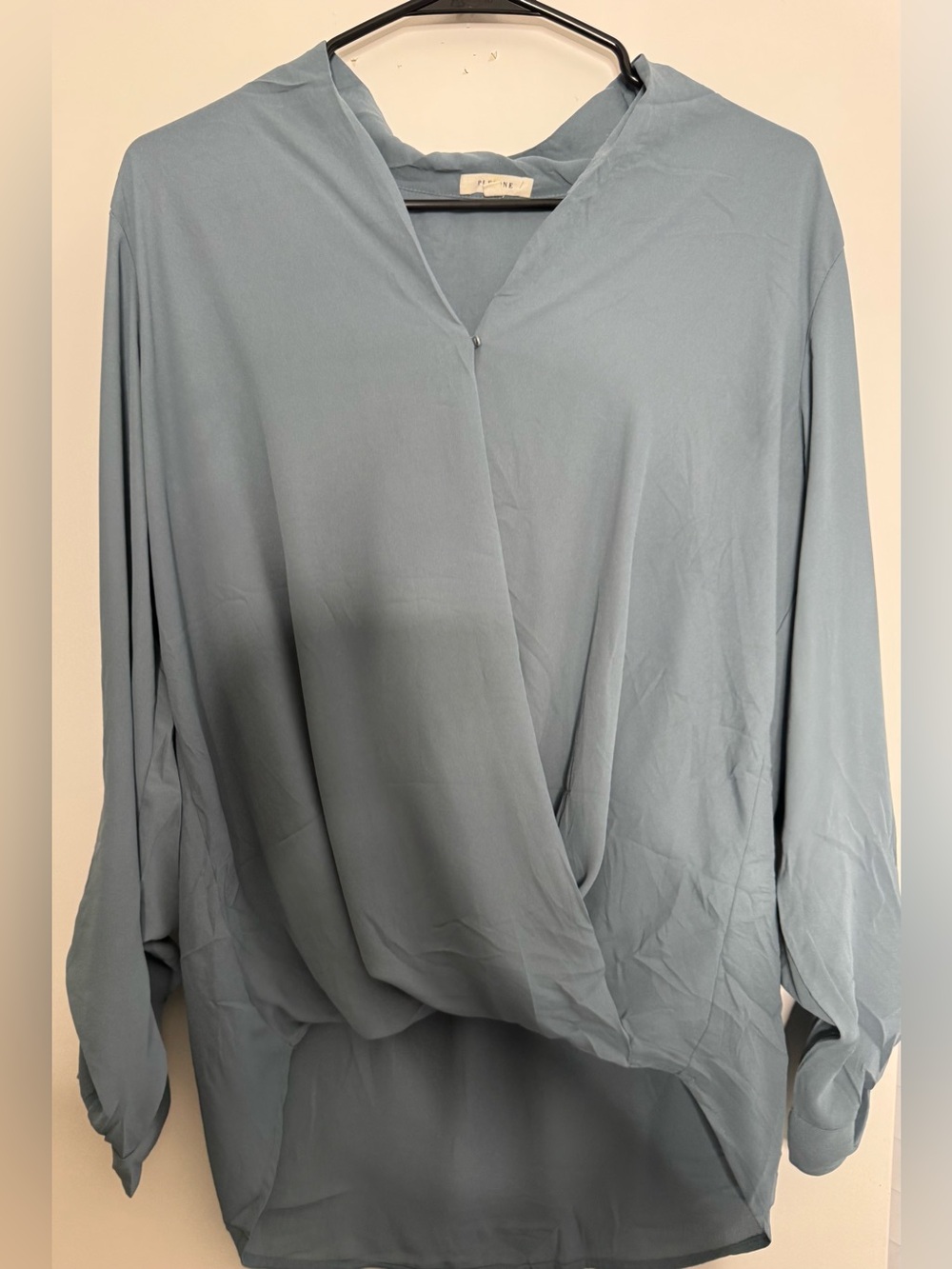 Pleione Dusty Blue Draped Wrap Blouse long sleeve size medium